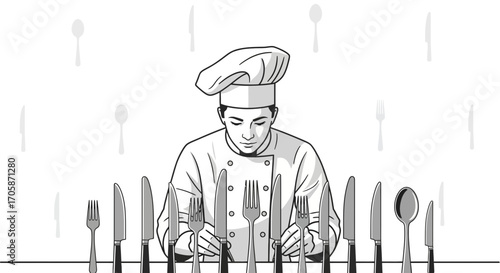 Chef Inspects And Arranges Silverware Reflecting Culinary Precision And Craftsmanship