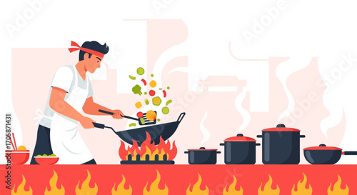 Chef Masterfully Stir-Frying Food, Restaurant Cooking Concept Illustration