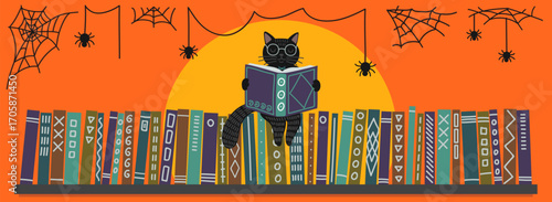 Halloween. Black cat reading book on bookshelf on orange background. Libraries, bookstores and educational concept.