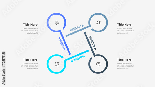 Infographic depicting a four step process with circular segments and business icons for organizational use or presentations