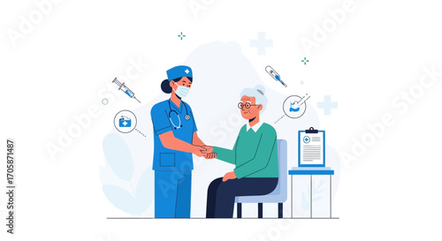 Compassionate Nurse in Uniform Comforting An Elderly Patient During Medical Consultation