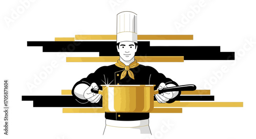 Chef Posing With Golden Pan, Illustration With Abstract Design and White Background