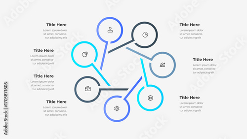 Simple and modern circular infographic with text placeholders and icons, perfect for businesses, presentations, and data illustration purposes. Diagram with 7 steps