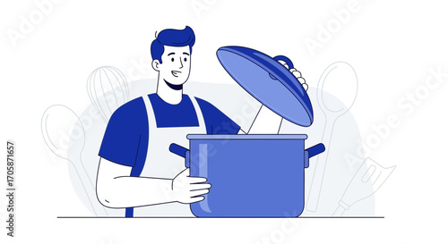 Chef Prepares Culinary Delights by Opening A Pot With A Happy Expression