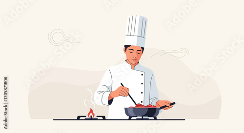 Chef Preparing A Meal In Kitchen With Focus And Dedication Cooking In Restaurant