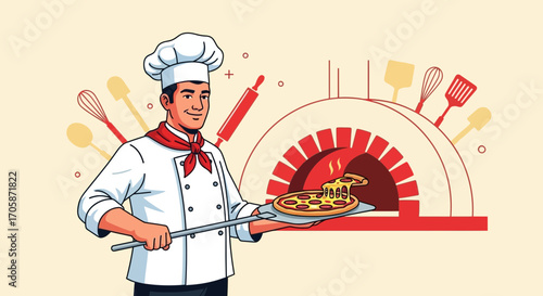 Chef Preparing And Presenting Freshly Made Pizza Directly Emerging From The Oven Now