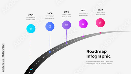 Infographic illustrates a roadmap of milestones. Using a curved path, it effectively demonstrates steps leveraging icons and chronological points