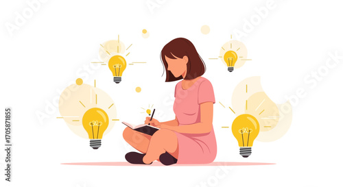 Conceptualizing Creative Ideas: A Woman Composing Thoughts With Light Bulb Imagery