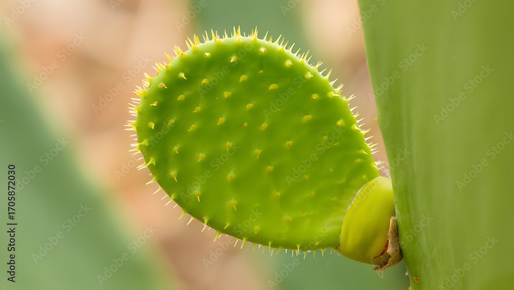 Fototapeta premium Close-up of vibrant green prickly pear cactus pad, showcasing delicate spines and budding growth; natural, organic texture.