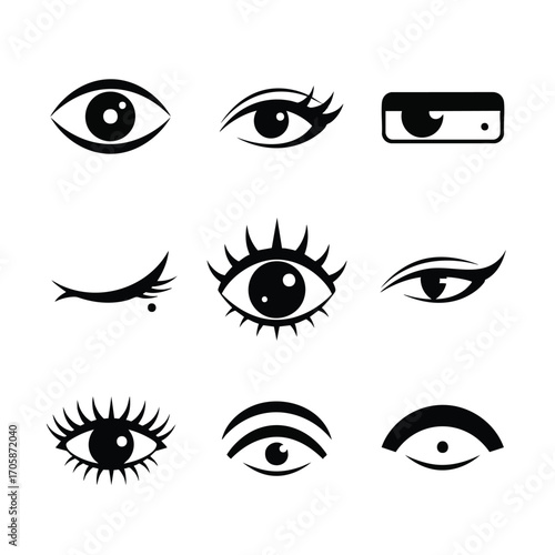 Set of nine stylized black and white human eye icons with various eyelash and eyeliner designs.