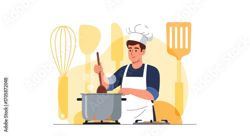 Chef Preparing Culinary Delights In A Kitchen With Cooking Utensils And Stove