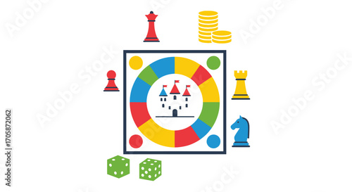 Ludo Board Game with Colorful Spaces and Pieces Dice and a Central Castle.