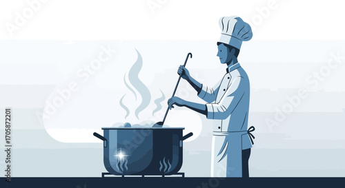 Chef Preparing Delicious Dish In Kitchen Restaurant, Culinary Illustration Artwork