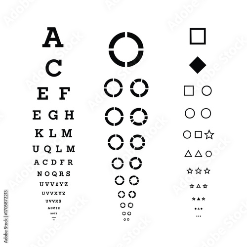 Set of three different eye test charts for vision examination including letters Landolt C rings and symbols.