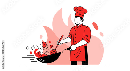 Chef Preparing Delicious Dish in Restaurant Kitchen Showing Food Being Cooked