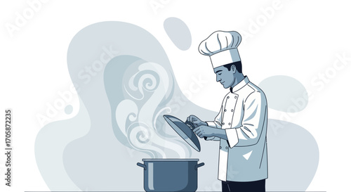 Chef Preparing Delicious Dish in a Kitchen While Uncovering The Pot With Steam Rising