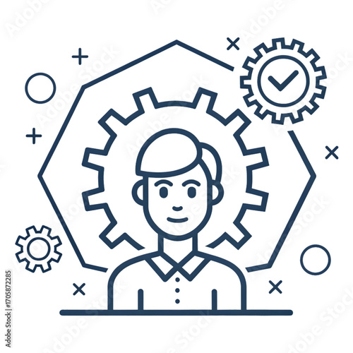 Person Icon with Gears and Check Mark: Business Process, Teamwork, and Success Concept on transparent background