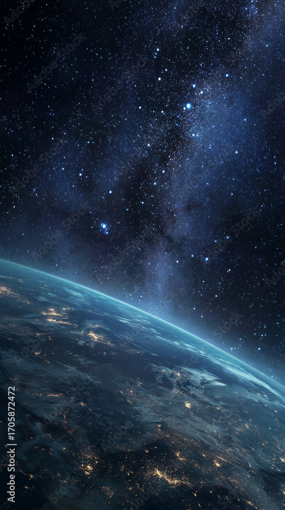 Fototapeta premium Outer Space with Stars and Earth in Lower Right Corner – Futuristic Cosmos View, Digital Backdrop