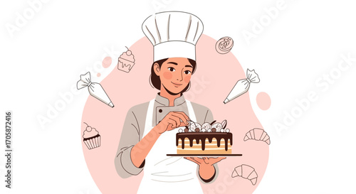 Confectioner Decorating Delicate Cakes, Professional Baker, Ready for Delicious Treats, Vector Art