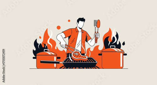 Chef Preparing Delicious Grilled Meal Cooked Over Burning Flames for a Perfect Outdoor Feast