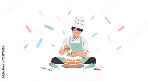 Confectioner Decorating Dessert Delight, Creating Pastry Art with Icing, Cakes and Happiness