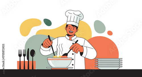 Chef Preparing Delicious Meal, Demonstrating Culinary Art, Cooking Process in Kitchen