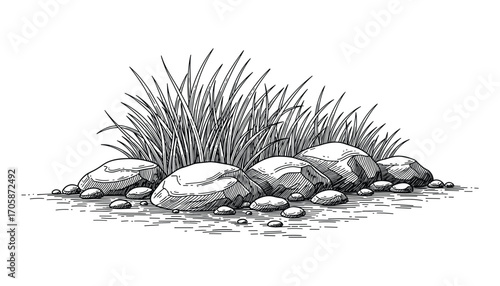 Hand Drawn Stones and Grass Clump Etching Style Isolated Vector Illustration