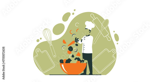 Chef Preparing Delicious Salad Meal with Fresh Vegetables, Ready to Cook Healthy Food