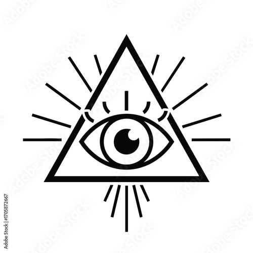 Simple black line art illustration of the AllSeeing Eye of Providence inside a triangle with radiating light.