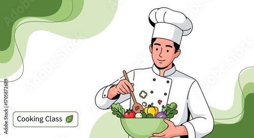 Chef Preparing Delicious Salad, Illustrating Culinary Arts and Demonstrating Cuisine Creation