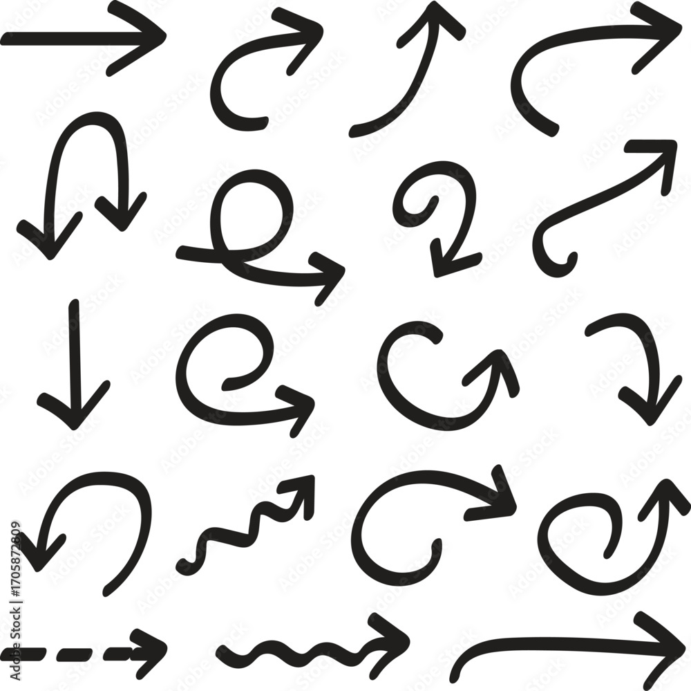 Hand-drawn doodle arrow set, black arrows in different directions, curved, straight, circular and wavy line art arrow collection, vector illustration for design and decoration Hand-drawn doodle arrow set, black arrows in different directions, curved, straight, circular and wavy line art arrow collection, vector illustration for design and decoration