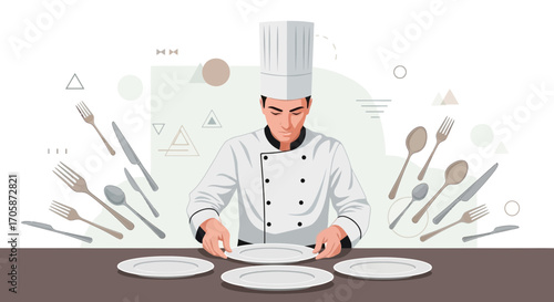 Chef Preparing Dinner Plates With Cutlery And Geometric Background For Restaurant Service