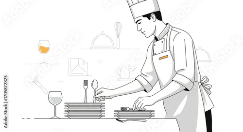 Chef Preparing Dining Table Setting With Utensils and Dishes Ready for Guest Service