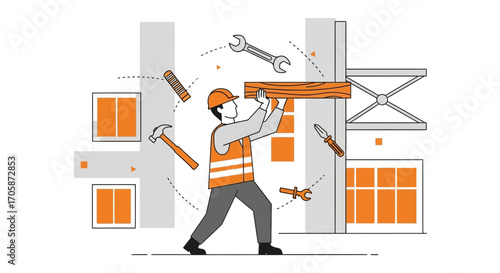 Construction Worker Assembling, Working on the Building With Different Tools and Plans