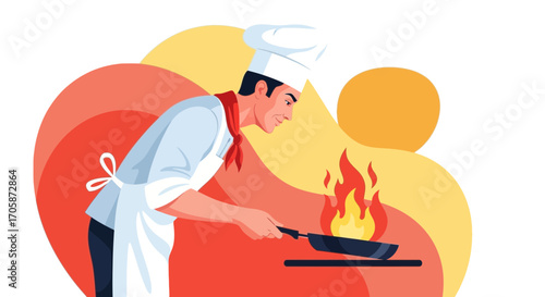 Chef Preparing Dish On Fire, Cooking With Professionalism And Culinary Expertise Skill