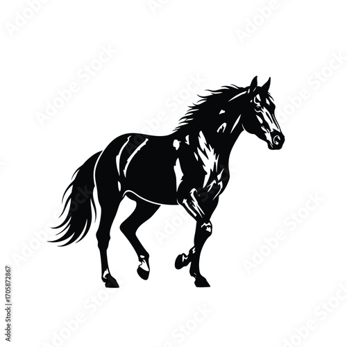 Stylized black and white graphic illustration of a powerful trotting horse with a flowing mane.