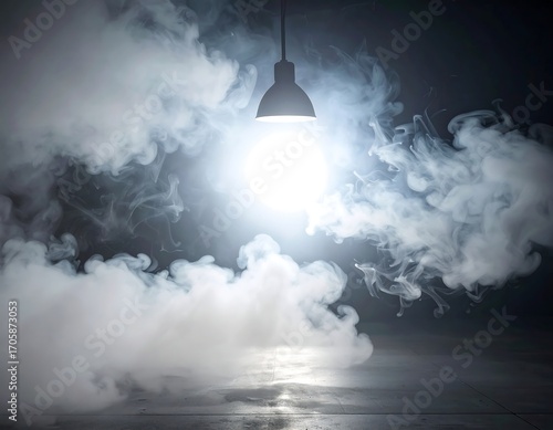 Dark room, smoky, bright lightbulb