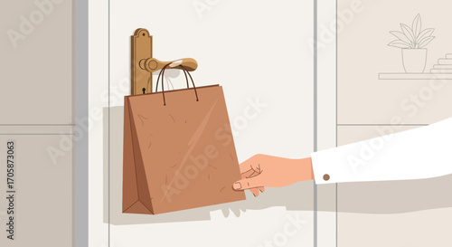 Contactless Delivery Service: Hand Delivering a Shopping Bag at the Doorstep of a Dwelling