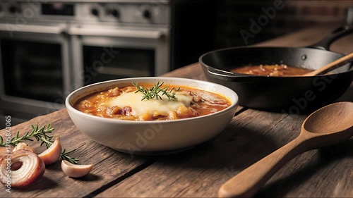 Gourmet Savory Soup Topped with Melted Golden Cheese and Fresh Rosemary, Served in a White Bowl on a Dark Rustic Wooden Table