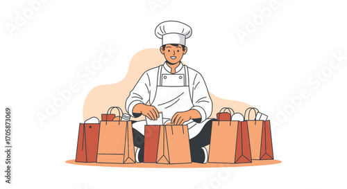 Chef Preparing Food Orders For Delivery In Bags At Restaurant Kitchen, Illustration