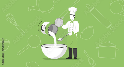 Chef Preparing Food with Various Kitchen Tools and Ingredients for Cooking Process