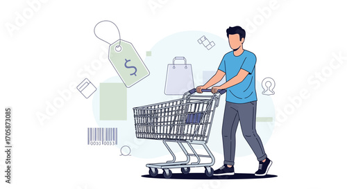Consumer Journey Through Retail: Shopping Cart, Tag, And Modern Commerce Dynamics Depicted