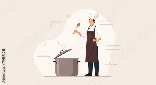 Chef Preparing Food In Restaurant Kitchen Illustrated Cooking Concept For Dishes