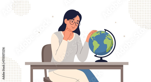 Contemplative Woman Observes Globe, Exploring Geography With Thoughtful Curiosity