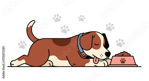 Contented Canine Lying Down Contentedly Anticipating Mealtime With Pink Food Bowl