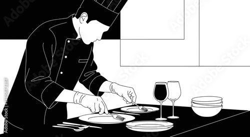 Chef Preparing Gourmet Dishes, Elegantly Plating Food at Restaurant Table