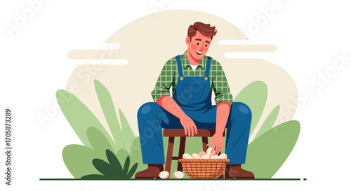 Content Farmer Collecting Eggs from Nest with Beautiful Garden Scene Illustration