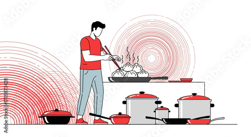 Cooking Dumplings: An Artistic Representation of Culinary Art with Diverse Cookware