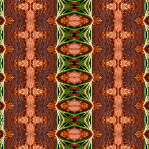 Abstract geometric kaleidoscope in earthy tones of brown and green, forming tribal-inspired symmetrical texture. Perfect for natural and artistic designs.
