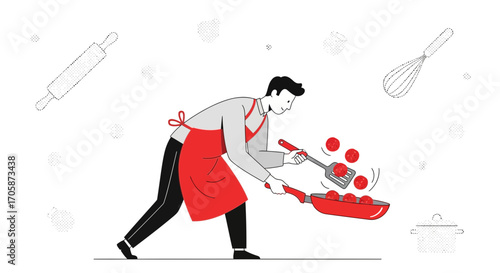 Chef Preparing Meals in Kitchen with Elements of Food Utensils and White Background